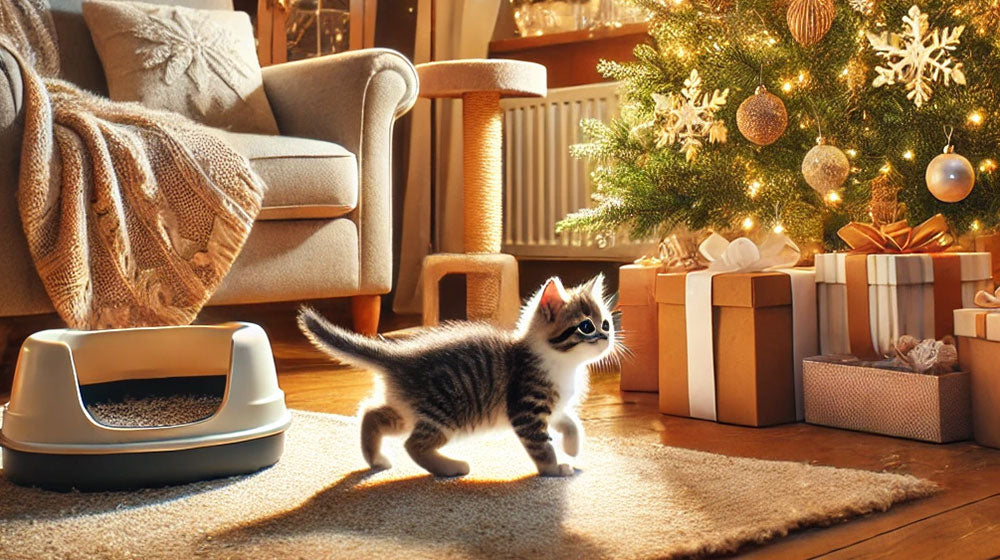 Cozy Christmas scene with a playful kitten