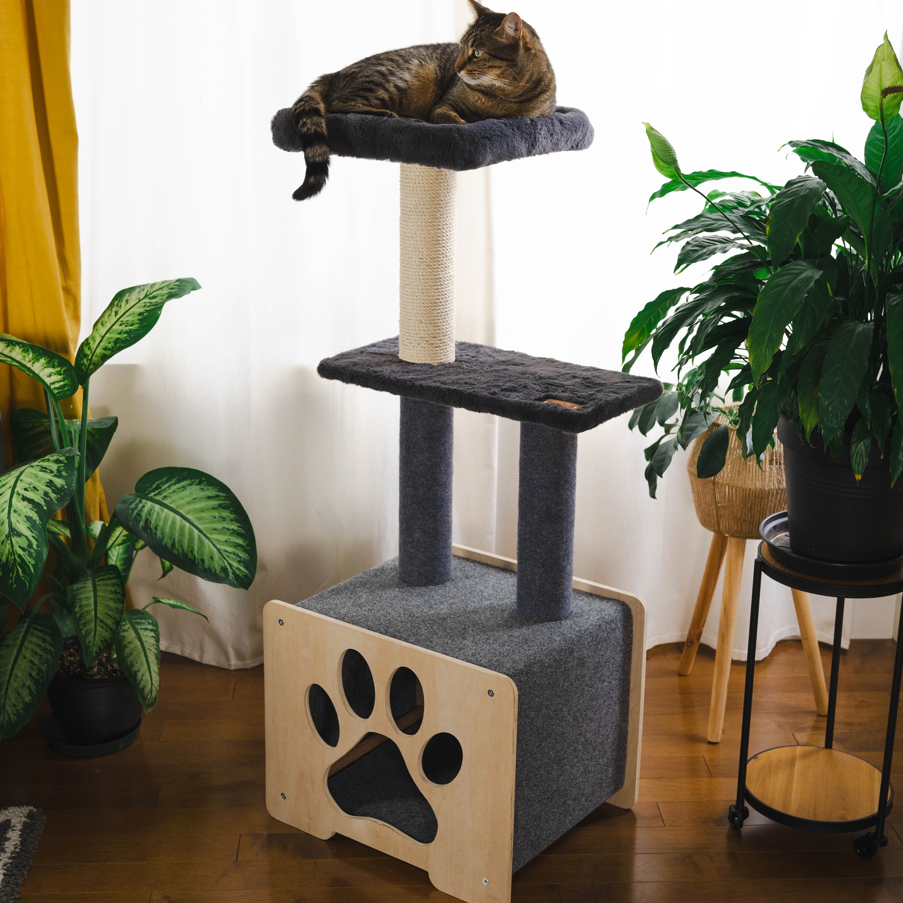 Arbre à chat de luxe Hut Hideout avec corde en ficelle de haute qualité