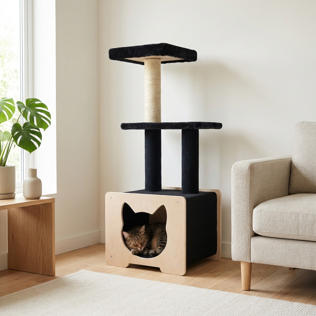 Arbre à chat de luxe Hut Hideout avec corde en ficelle de haute qualité