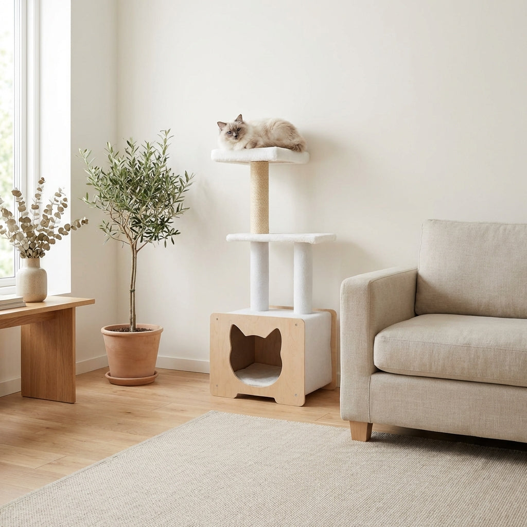 Arbre à chat de luxe Hut Hideout avec corde en ficelle de haute qualité