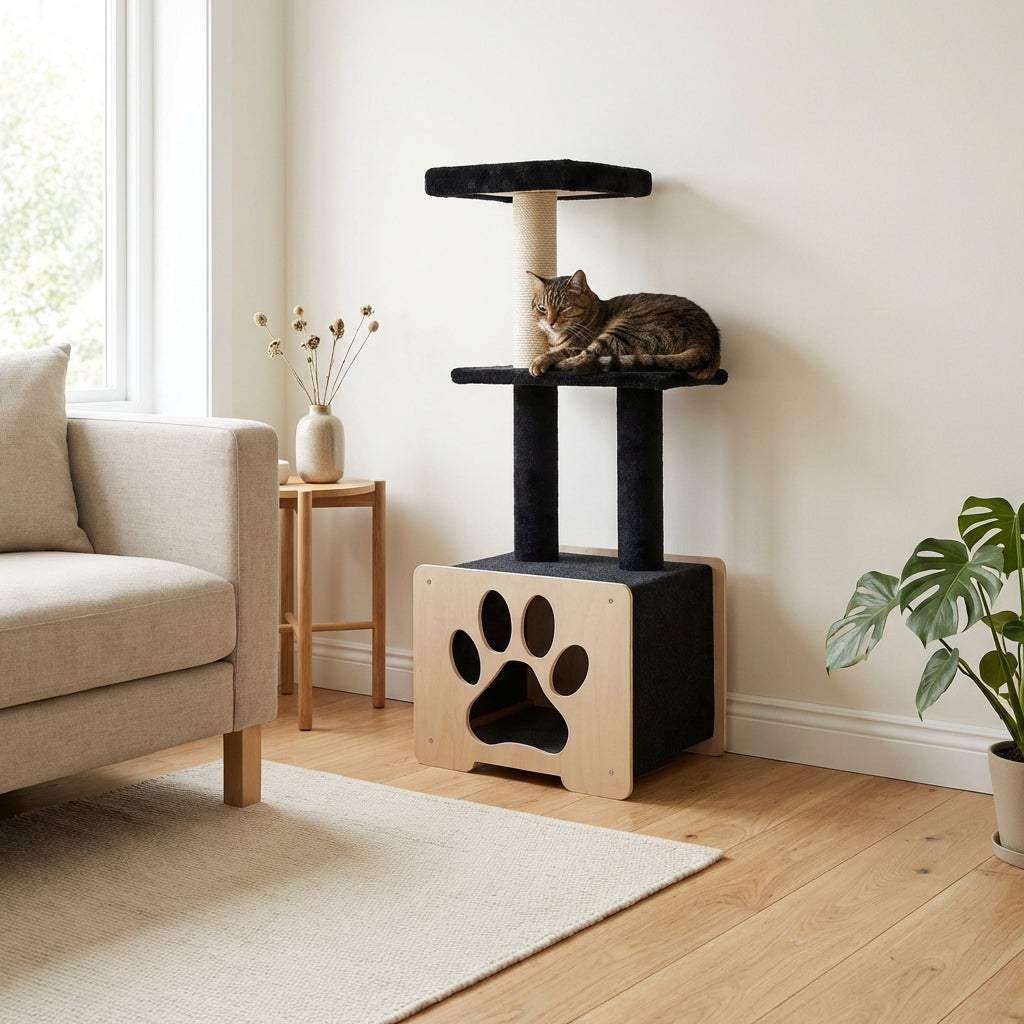 Arbre à chat de luxe Hut Hideout avec corde en ficelle de haute qualité